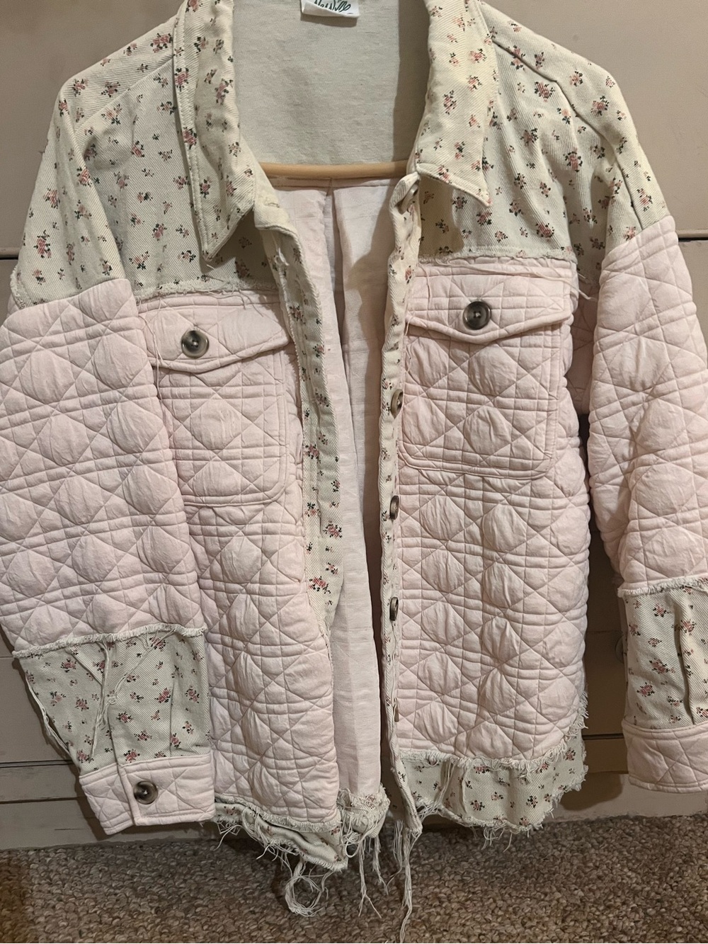 NewIn Pink Quilted Floral Shacket Jacket Raw Hem Cottagecore Boho M